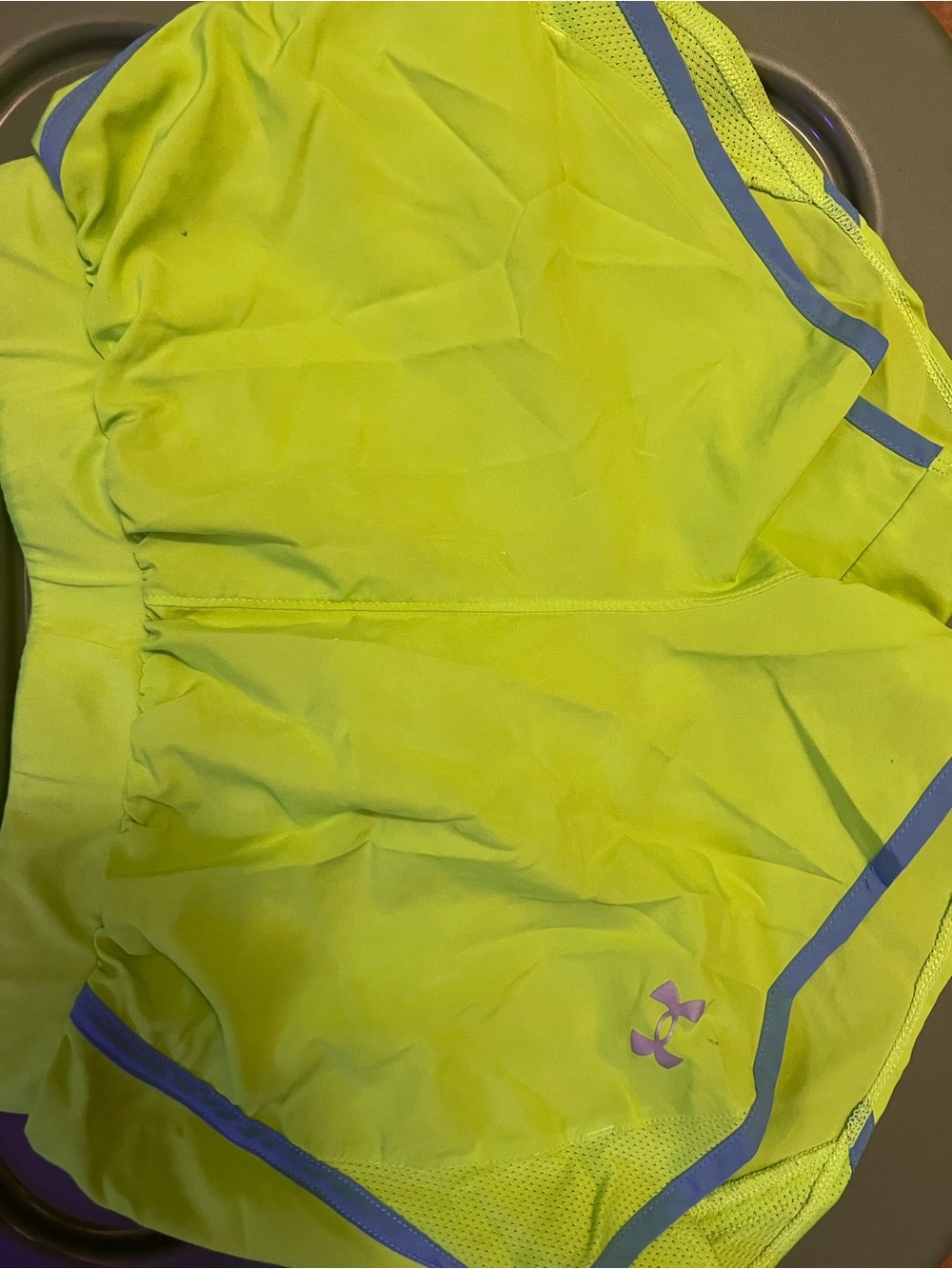 Under Armour Girls' Neon Green Athletic Shorts with Blue Trim